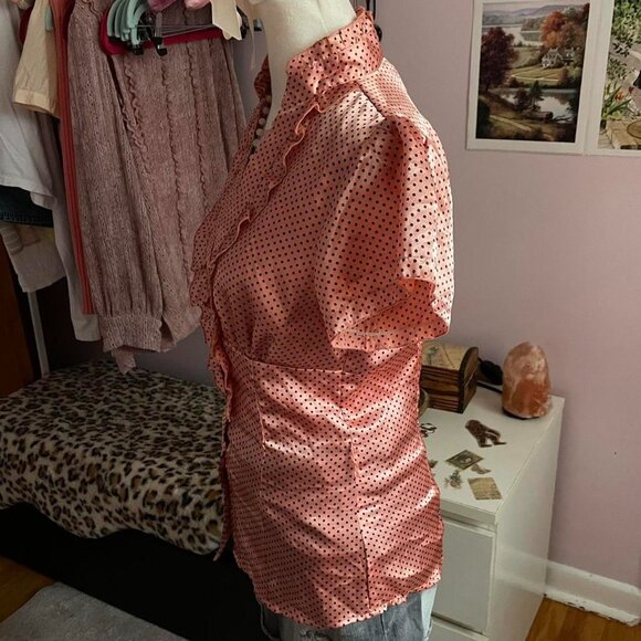 Pink Polka Dot Satin Blouse with Ruffles - Picture 3 of 6